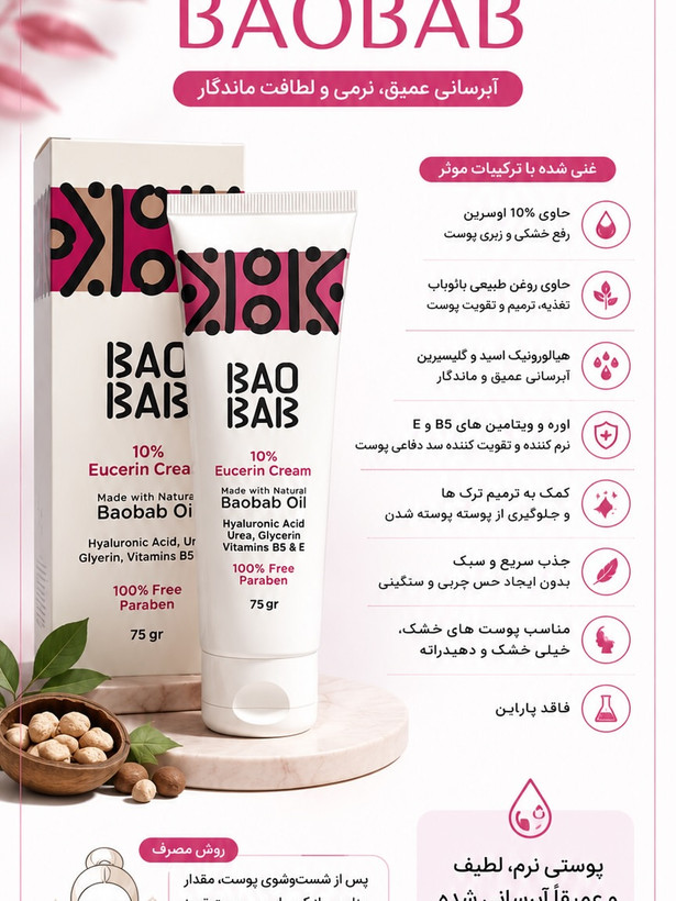 کرم مرطوب کننده وآبرسان قوی دست باوباب اوسرین 10% مناسب پوست خیلی خشک و ترک خورده حجم 75 میلی لیتر